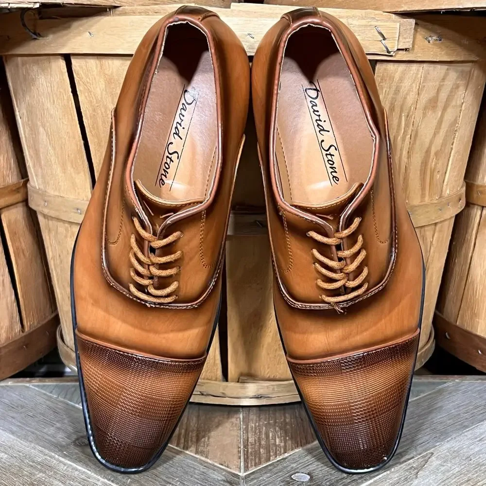 David Stone Burnished Tan Brown Faux Leather Cap Toe Oxfords Mens Size 8